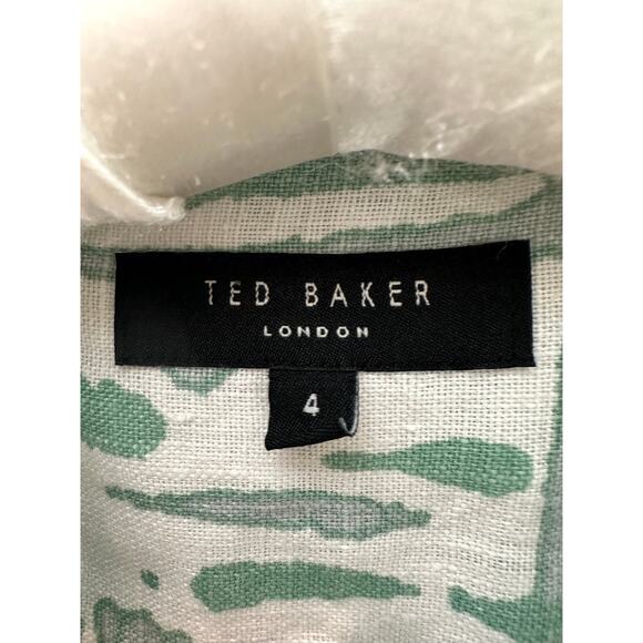 TED BAKER Men’s Linen Shirt Abstract Green Gray Print Button Down | Size 4 Large - Picture 5 of 6